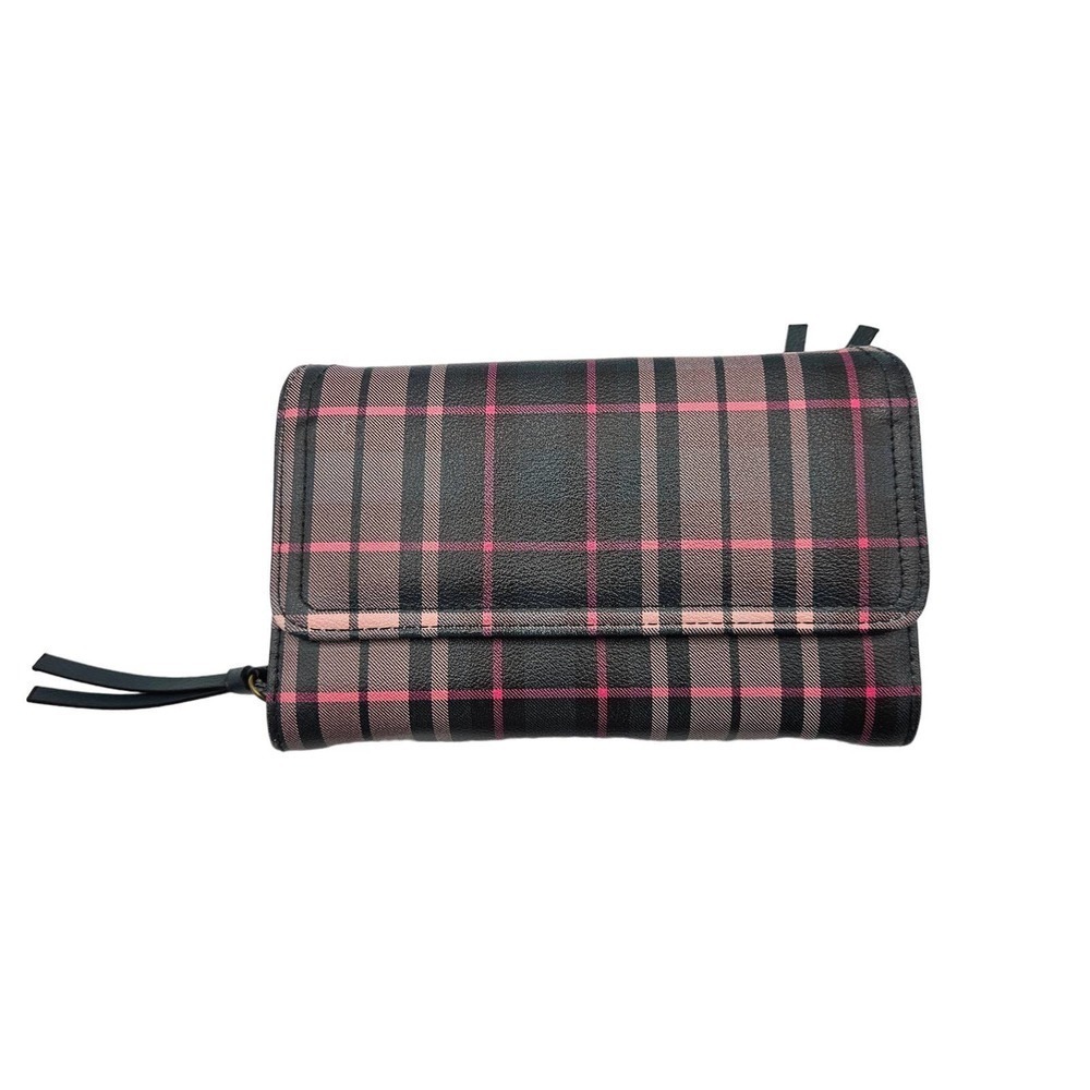Women's Pink and Black Plaid Bi Fold Long Wallet Card Slots Zipper Pockets